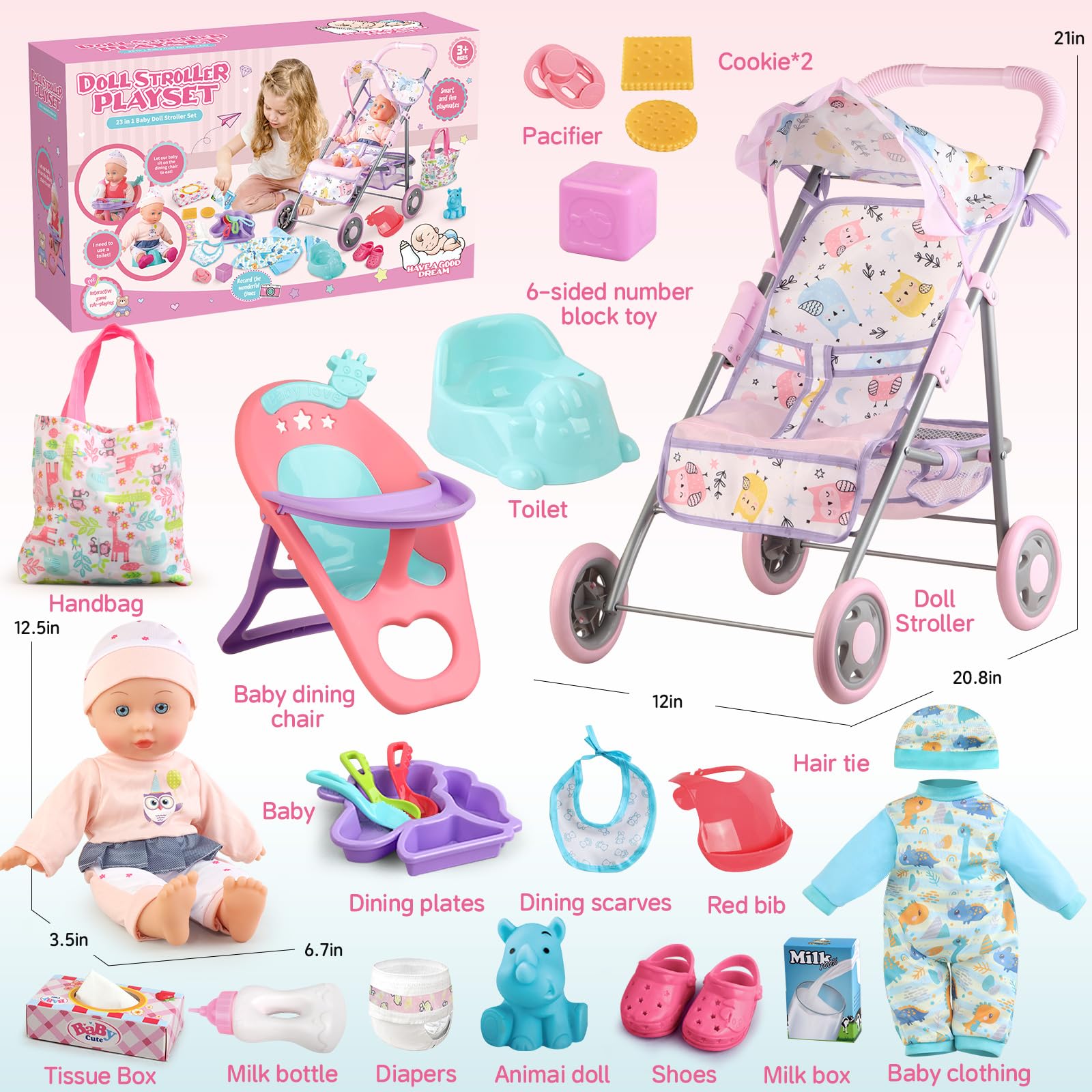 YIYBM 12.5-inch baby doll included for realistic role play.
