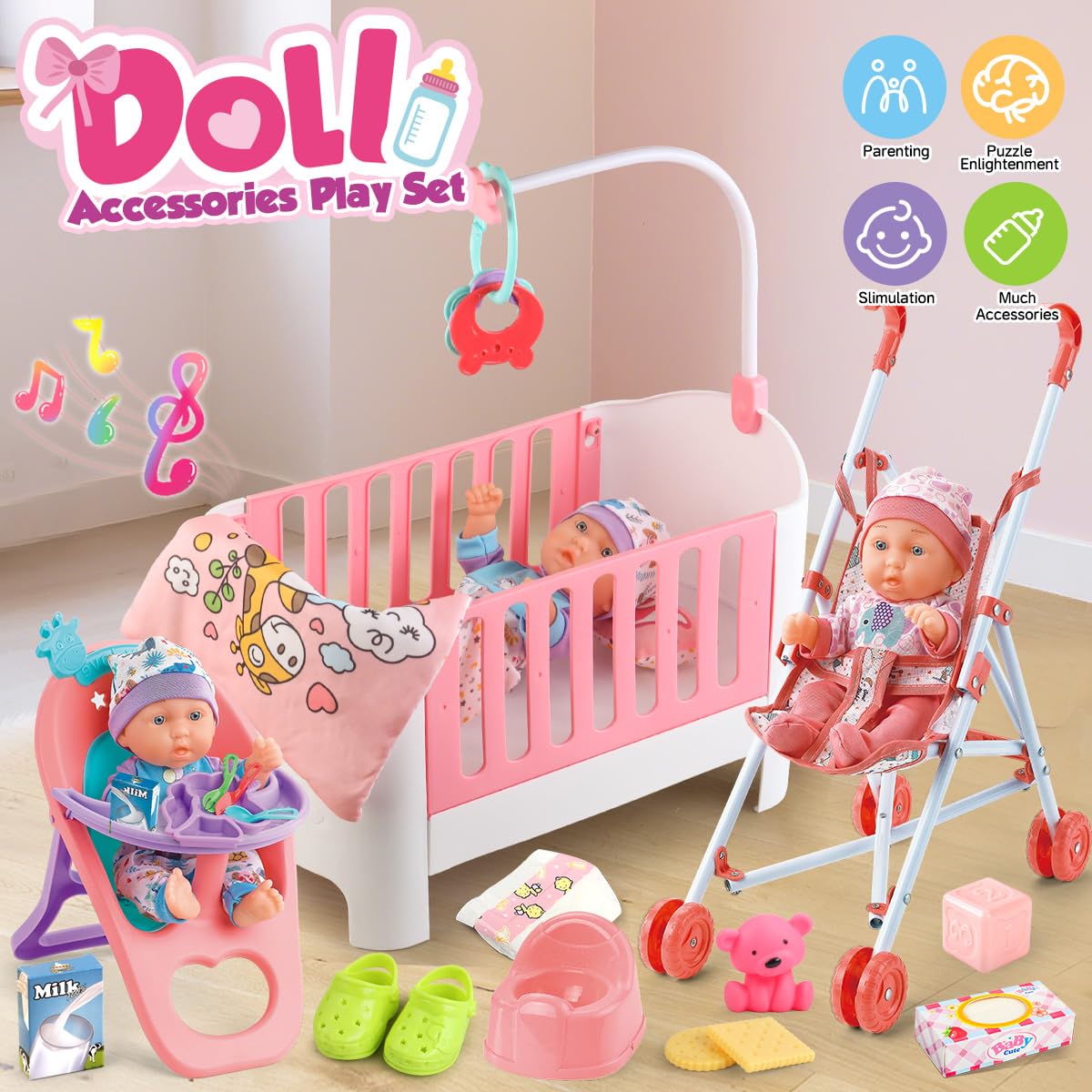 YIYBM baby doll bed with hanging ornaments and music box for soothing sleep cues