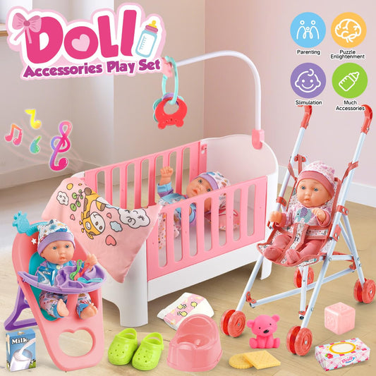 YIYBM baby doll bed with hanging ornaments and music box for soothing sleep cues