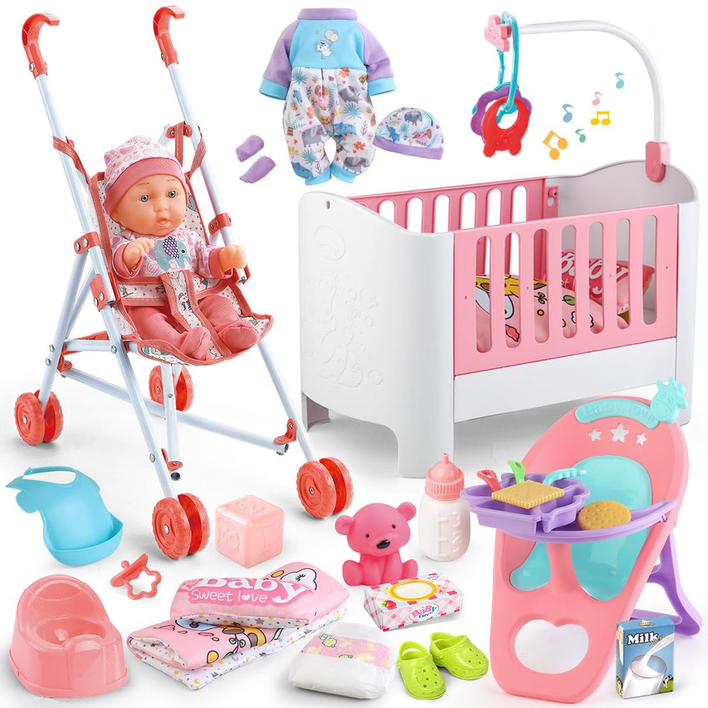 YIYBM baby doll crib set with bed and 11-inch doll for immersive pretend play