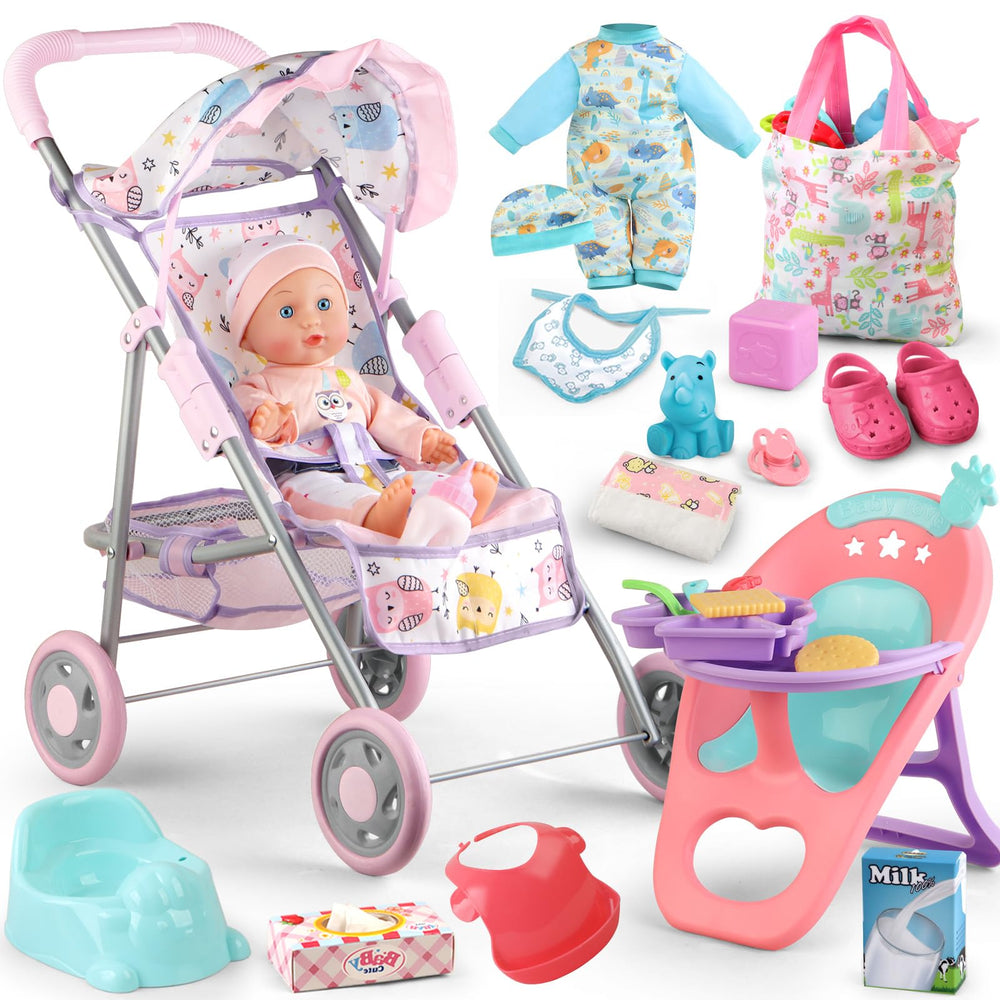 YIYBM baby doll stroller folded for compact storage and transport.
