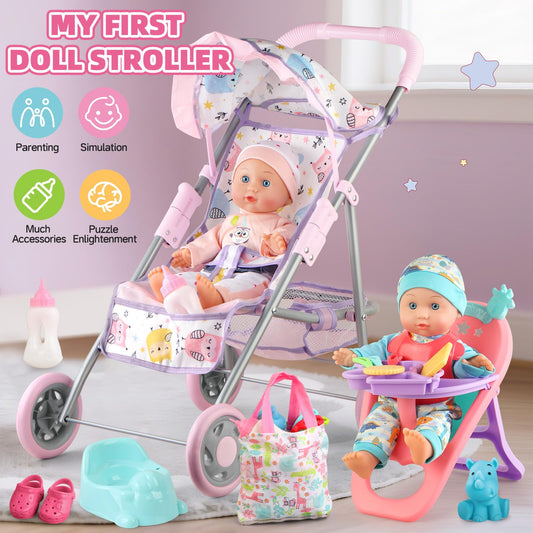 YIYBM baby doll stroller ready for play with smooth wheels.