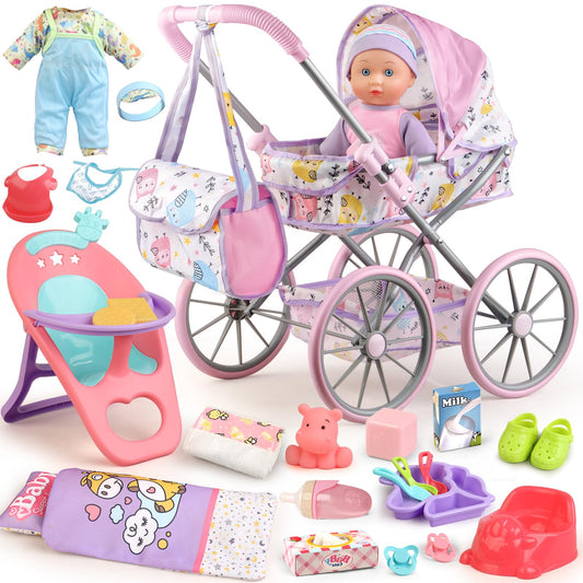 YIYBM baby doll stroller set – front view, smooth EVA wheels for easy pushing.