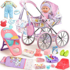 YIYBM baby doll stroller set – front view, smooth EVA wheels for easy pushing.