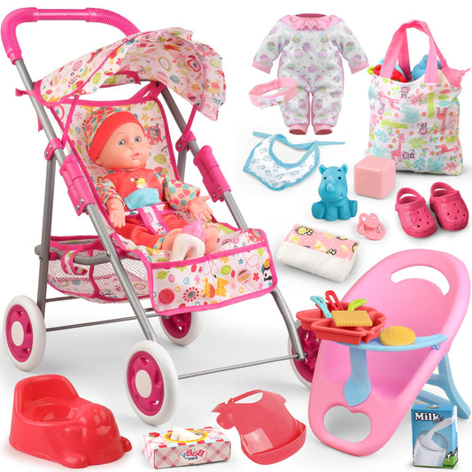 YIYBM baby doll stroller set with a complete play kit for imaginative outings.