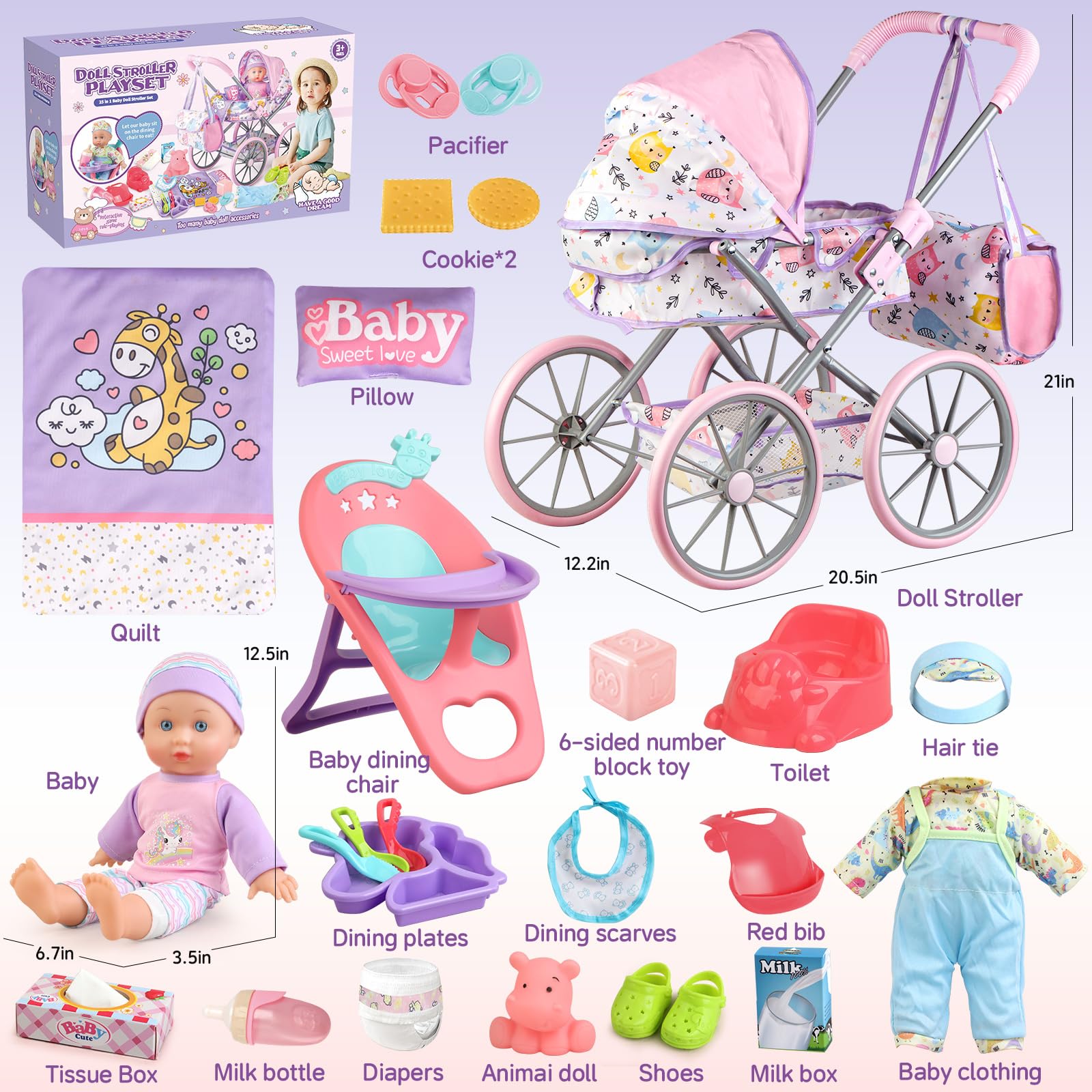 YIYBM twelve-point-five-inch baby doll in stroller for imaginative play.