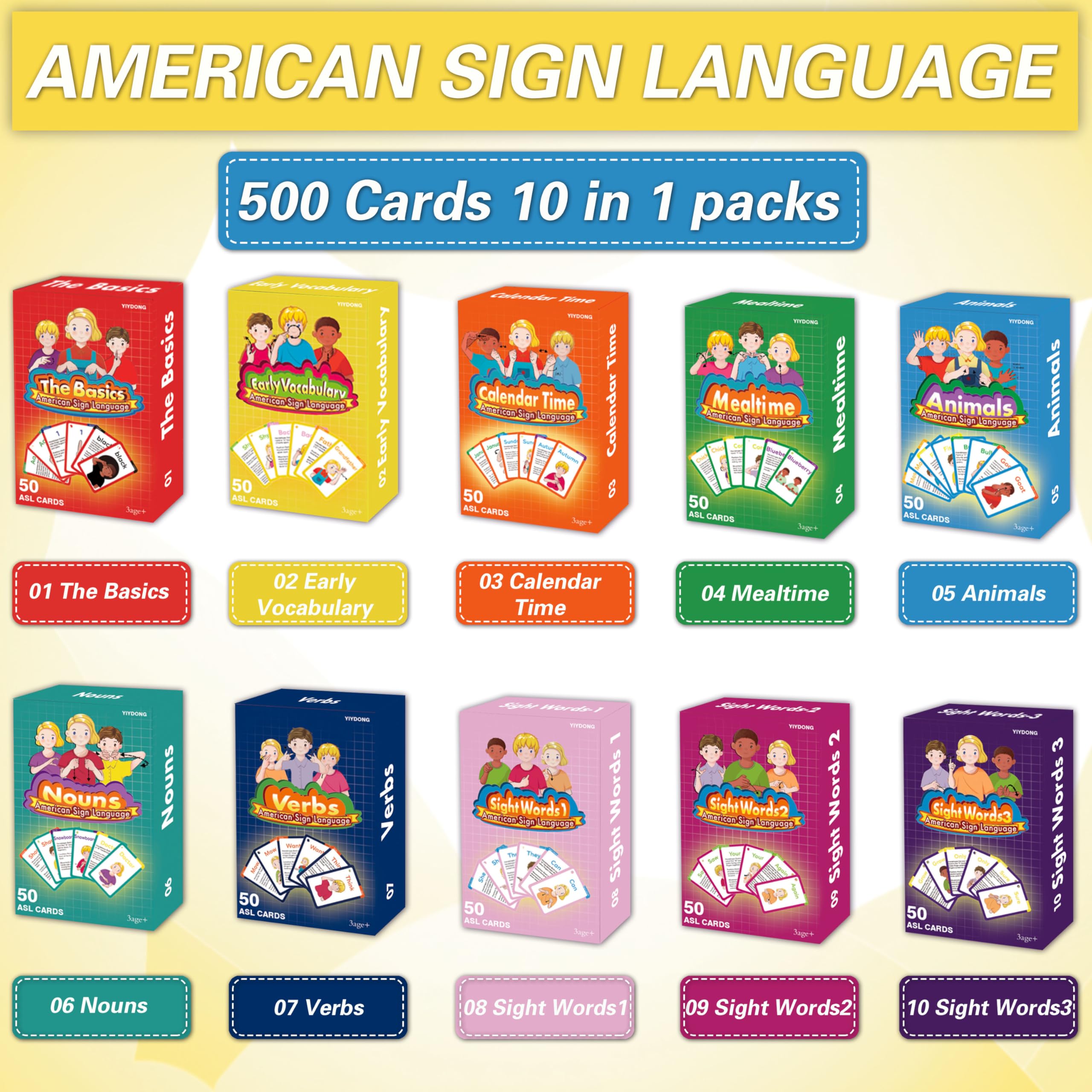 YIYDONG ASL flash cards inside spread features color coding for targeted lessons