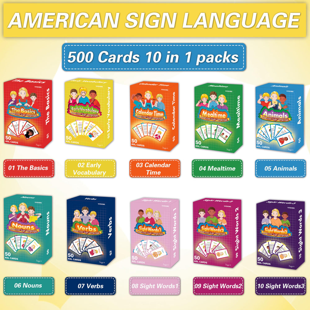 YIYDONG ASL flash cards inside spread features color coding for targeted lessons