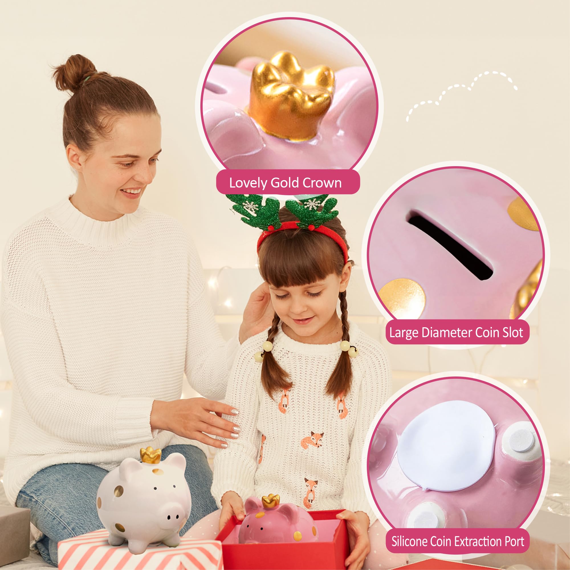 YJNSFT ceramic piggy bank demonstrating the durable material and crisp coin sound