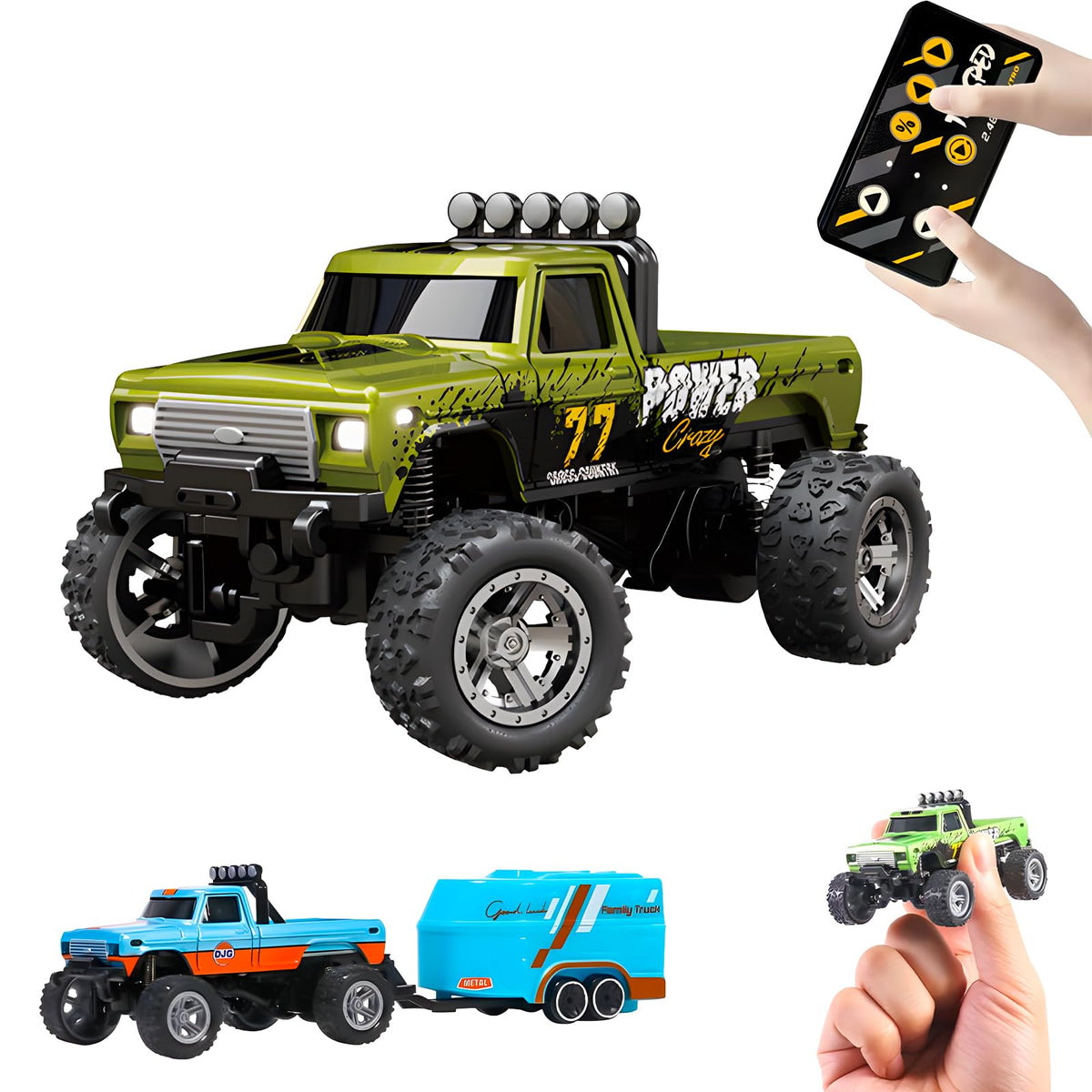 YKLWORLD Mini Monster Truck with front LED lights for immersive indoor play