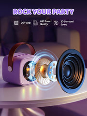 YLL kids singing with LED lights on the mini karaoke for playful performances.