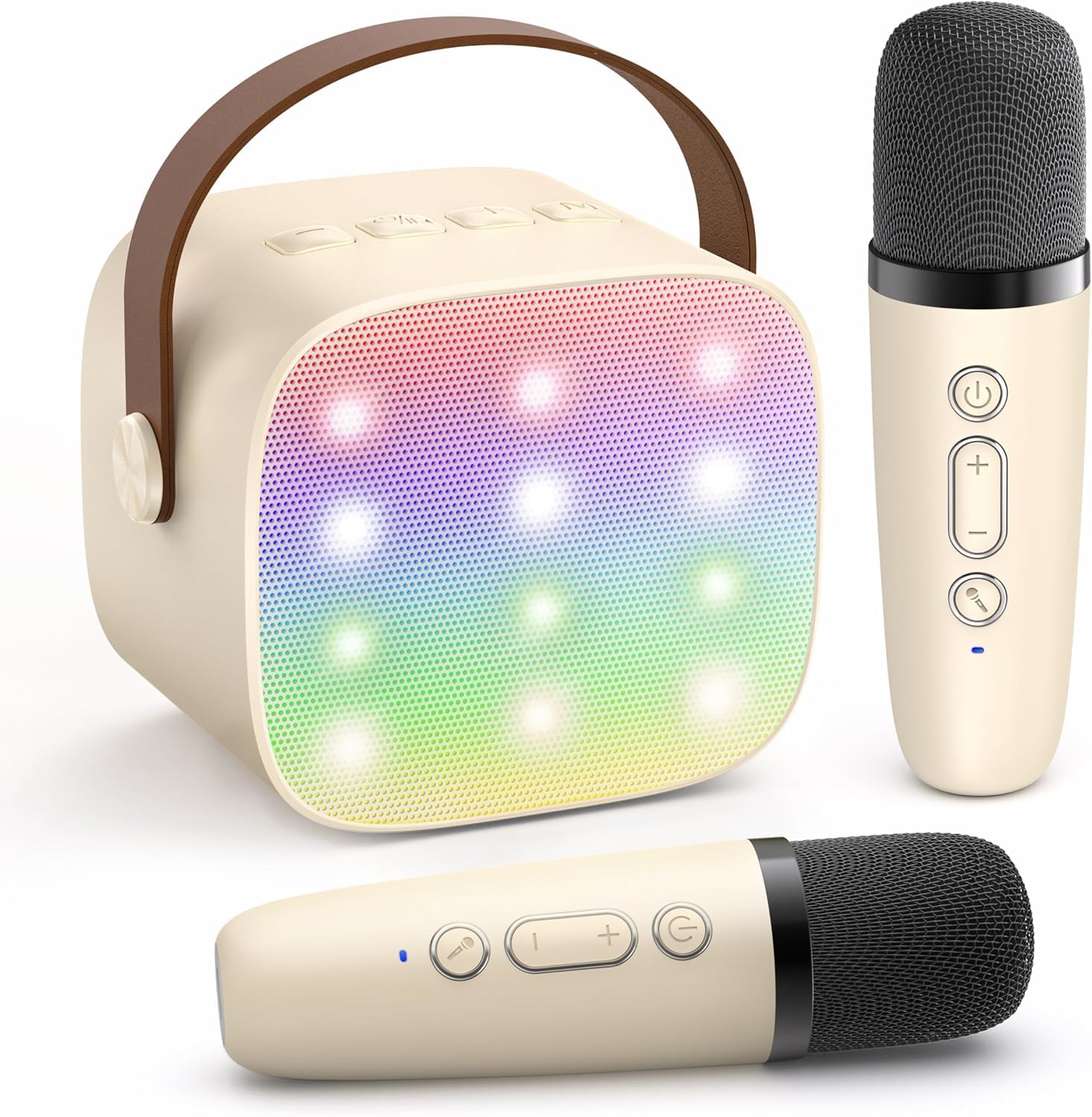 YLL mini karaoke machine with two mics beige front view for family fun