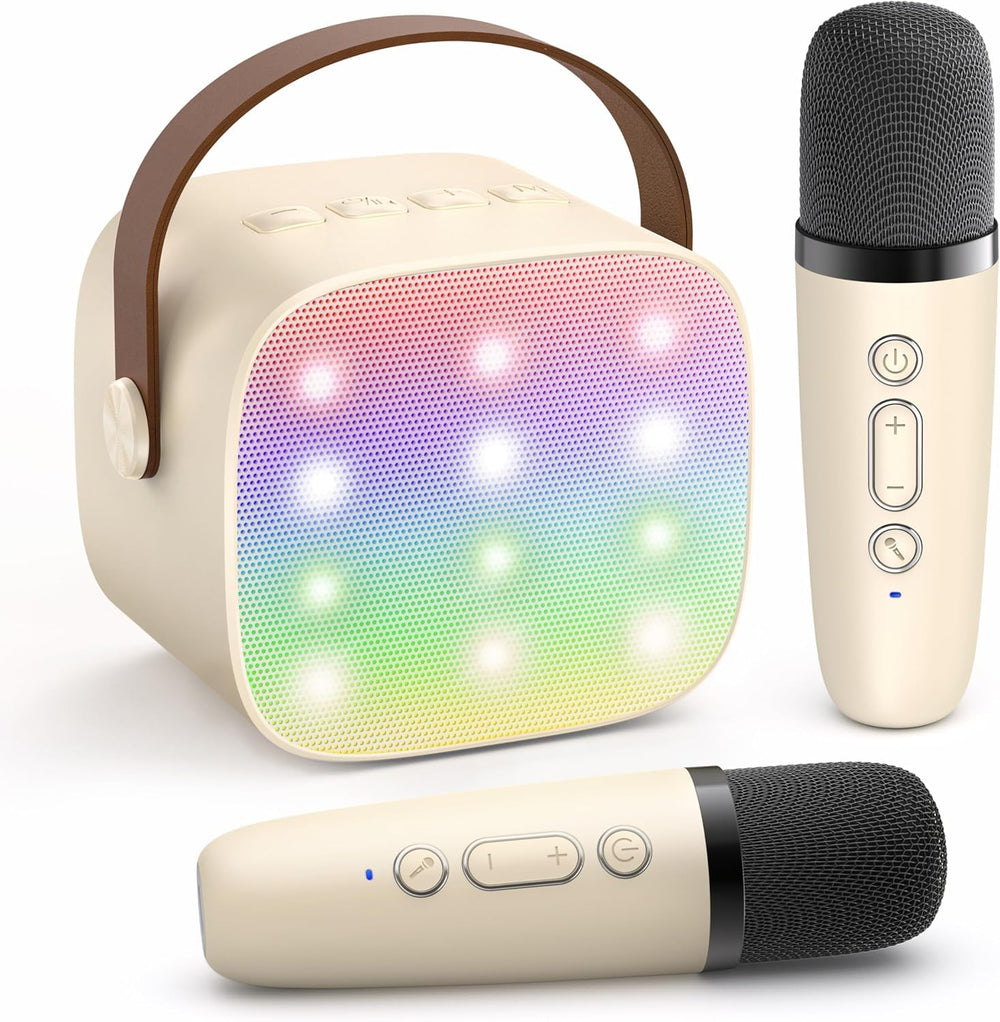 YLL mini karaoke machine with two mics beige front view for family fun
