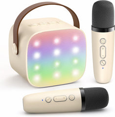 YLL mini karaoke machine with two mics beige front view for family fun