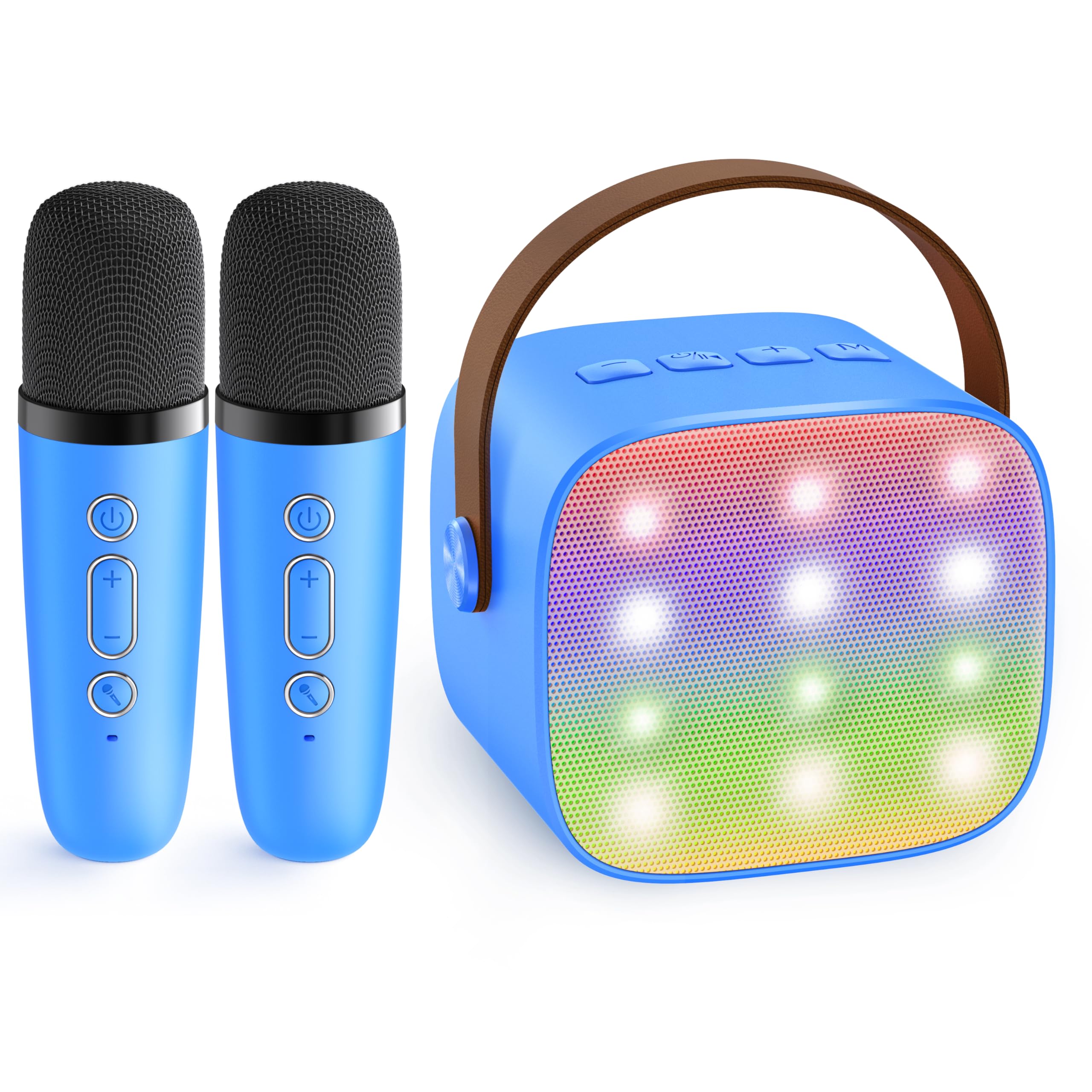 YLL mini karaoke machine front view in royal blue with dual mics for family singing