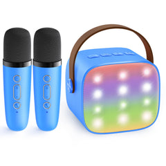 YLL mini karaoke machine front view in royal blue with dual mics for family singing