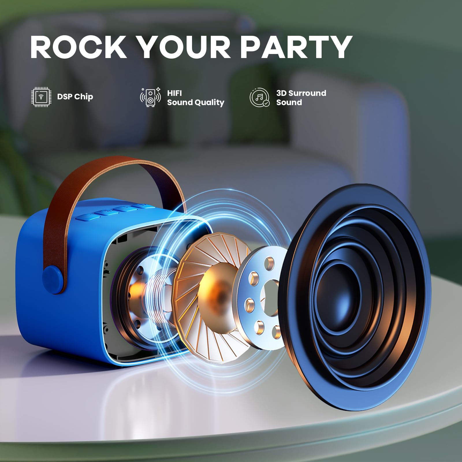 YLL royal blue compact karaoke unit with rhythm-responsive LEDs