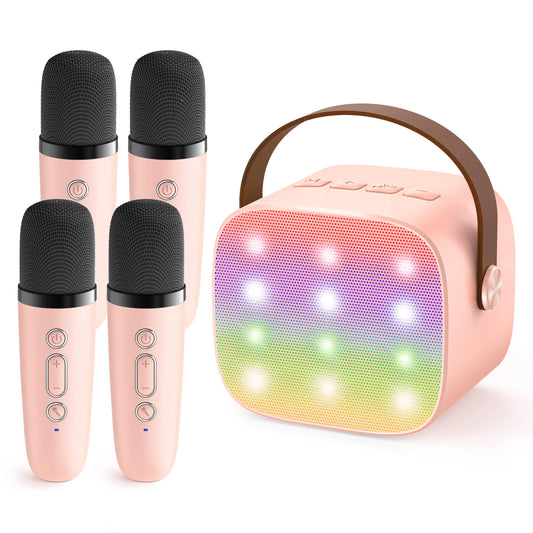 YLL upgraded mini karaoke with four microphones, front view, ideal for family singing