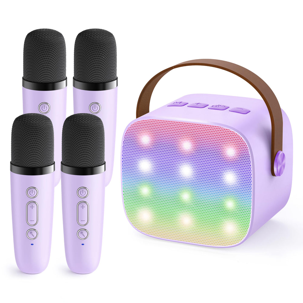 YLL upgraded mini karaoke machine with four mics and LED lights for family singing fun.