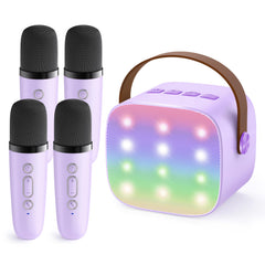 YLL upgraded mini karaoke machine with four mics and LED lights for family singing fun.
