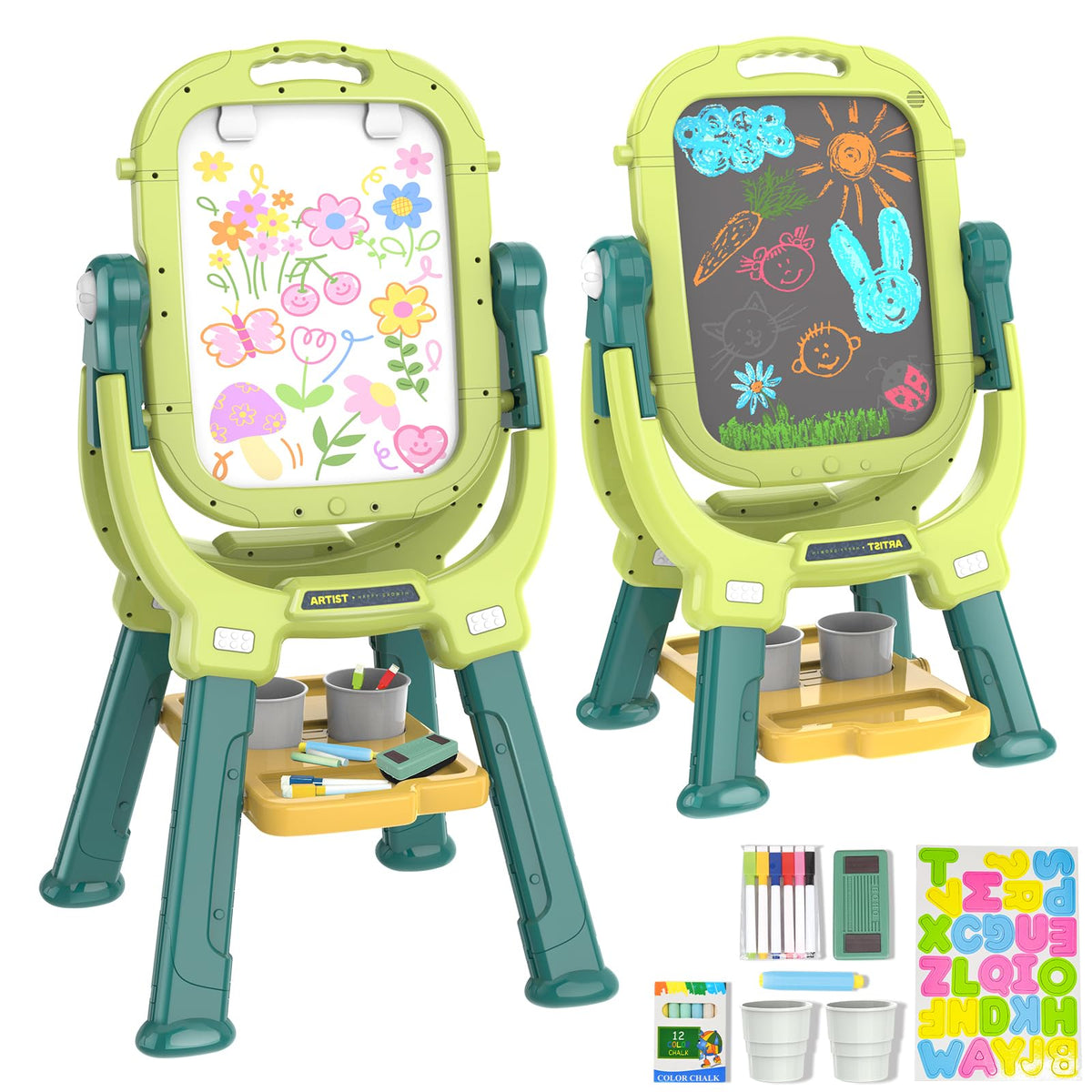 Ylovetoys Easel with 360-degree rotation enables two-sided play for kids.