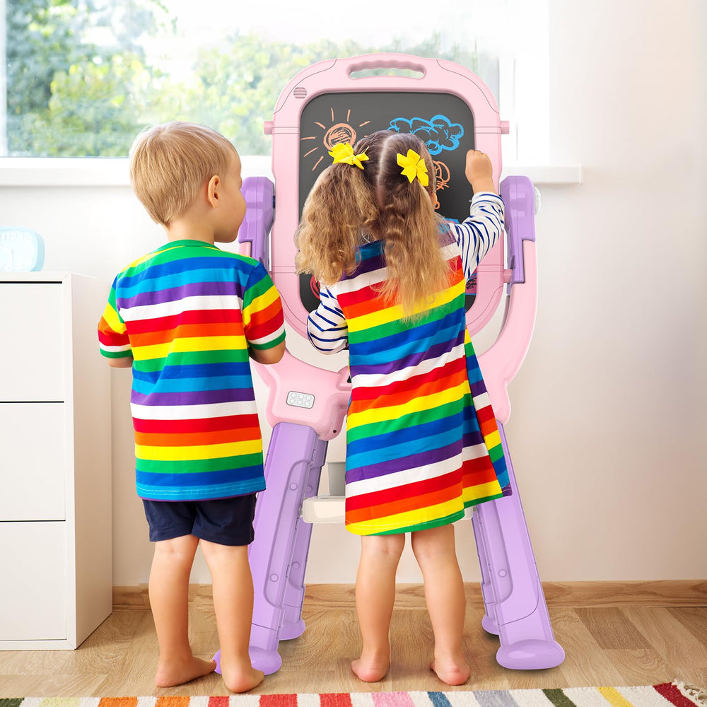 Ylovetoys Easel height adjusts from 28 to 34 inches for growing children