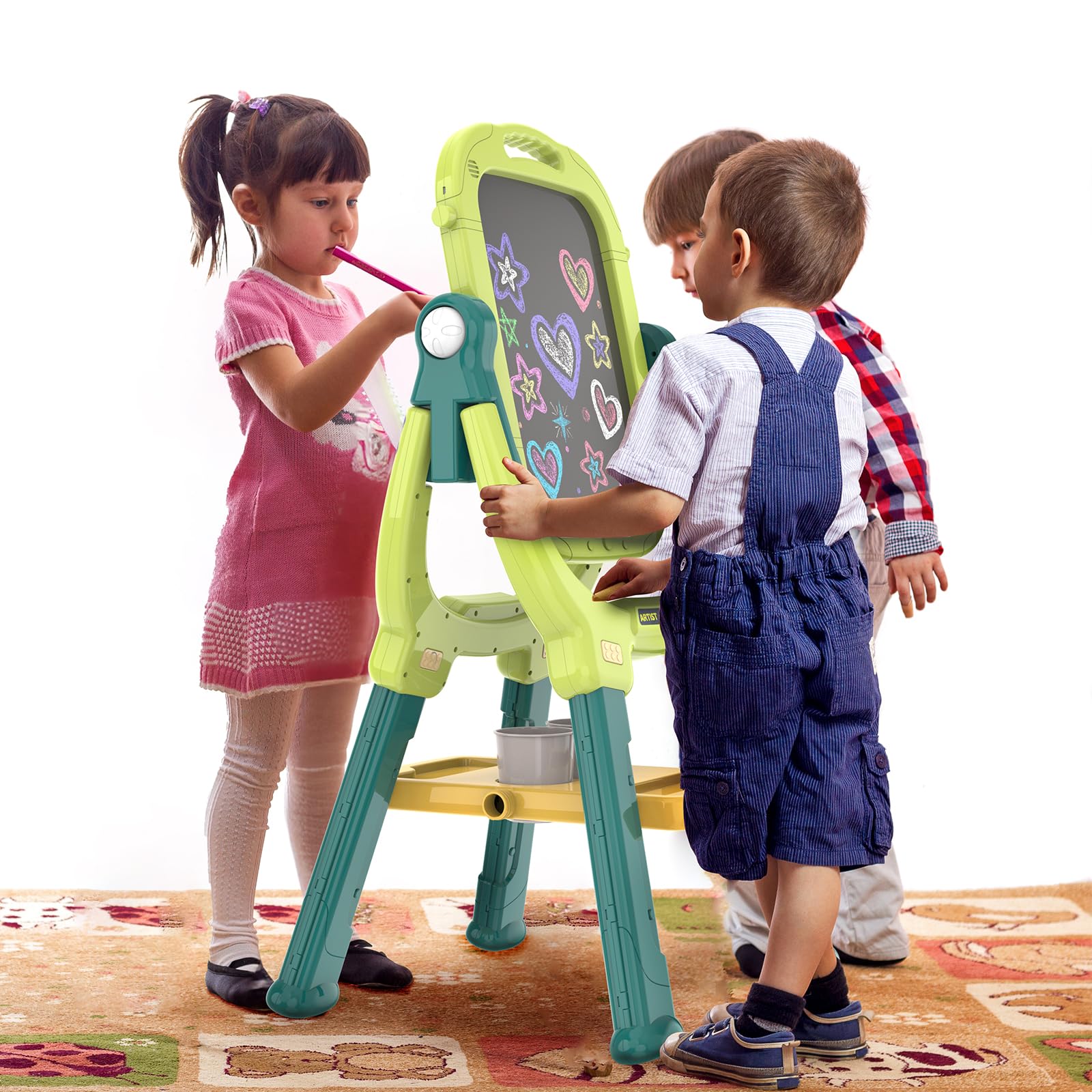 Ylovetoys Easel double-sided chalkboard and whiteboard for versatile art activities.