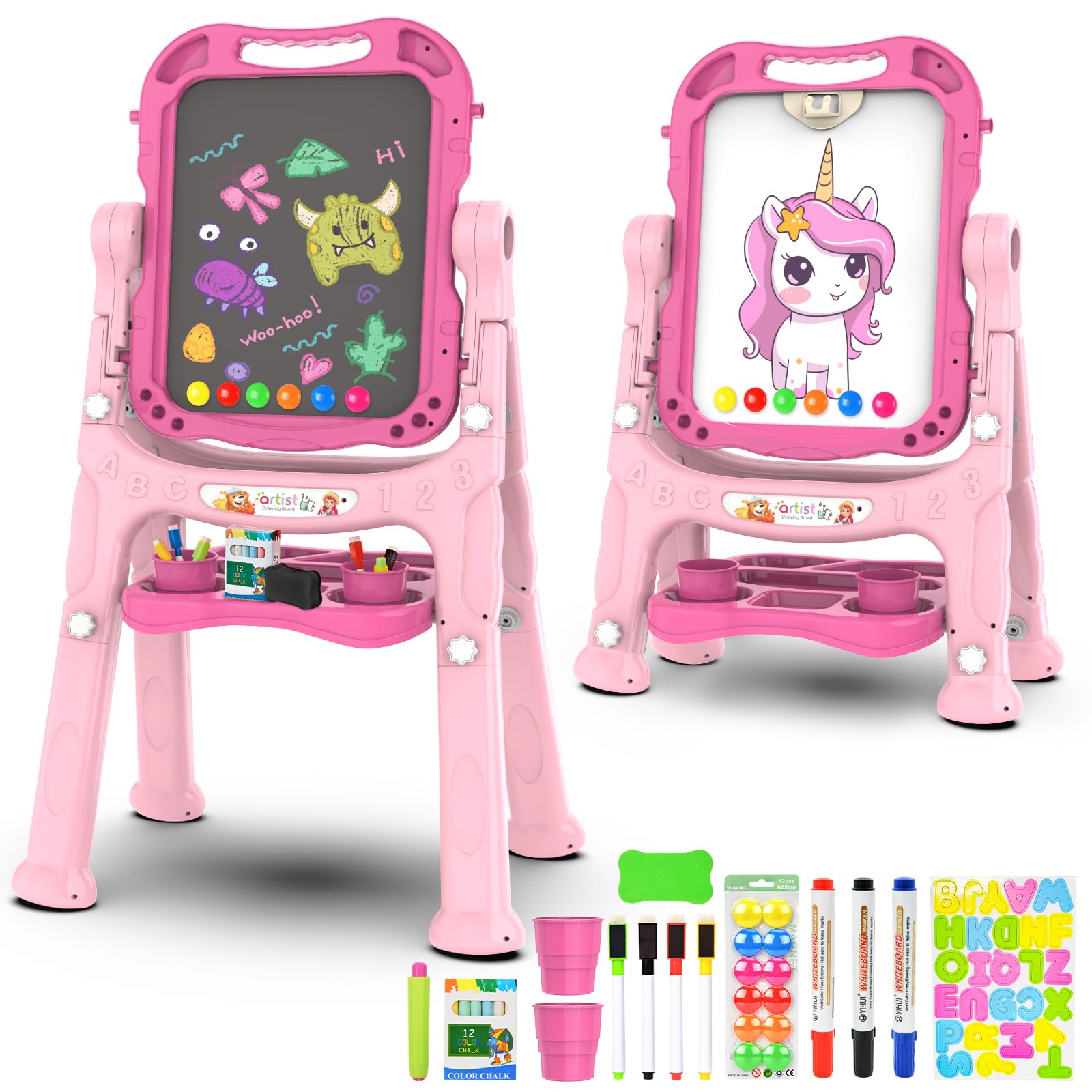 Ylovetoys Kids Art Easel rose pink with double-sided surfaces for versatile art.