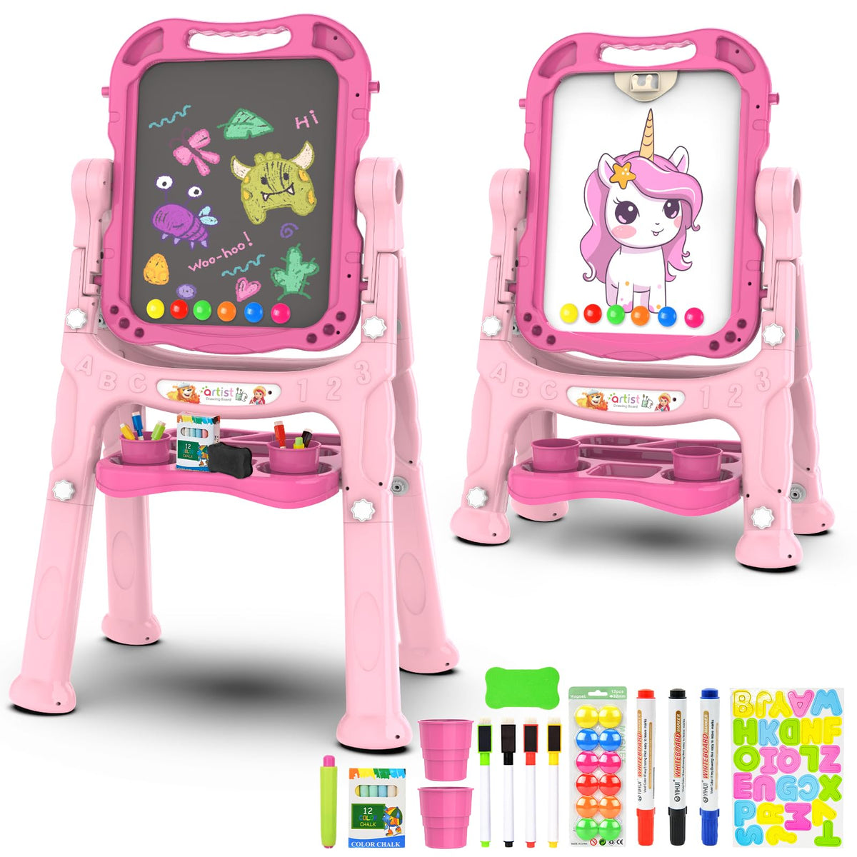 Ylovetoys Kids Art Easel rose pink with double-sided surfaces for versatile art.