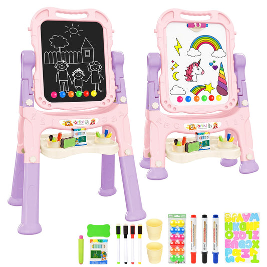 Ylovetoys Kids Art Easel stand with pink finish, perfect for independent drawing sessions.