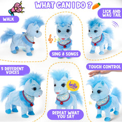 Ylpaprm blue interactive pony shows talking and dancing with leash for pretend play.