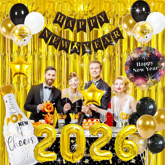 YLTFUTR gold foil curtain decor creates a sparkling party backdrop.