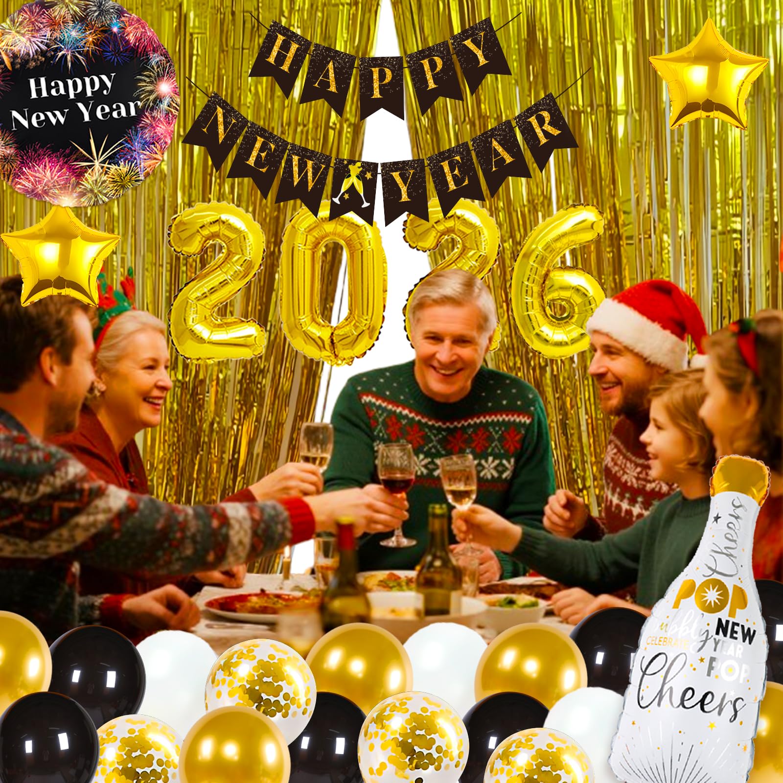 YLTFUTR star foil balloons highlight festive accents.