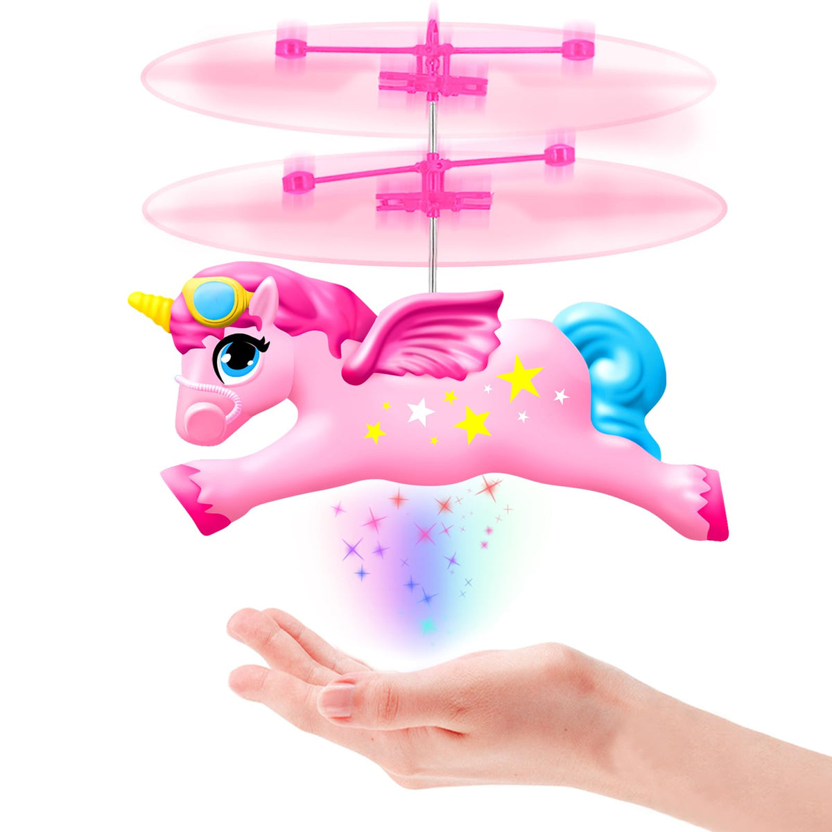 Ynanimery flying unicorn toy in hand-flight mode for beginner-friendly play.