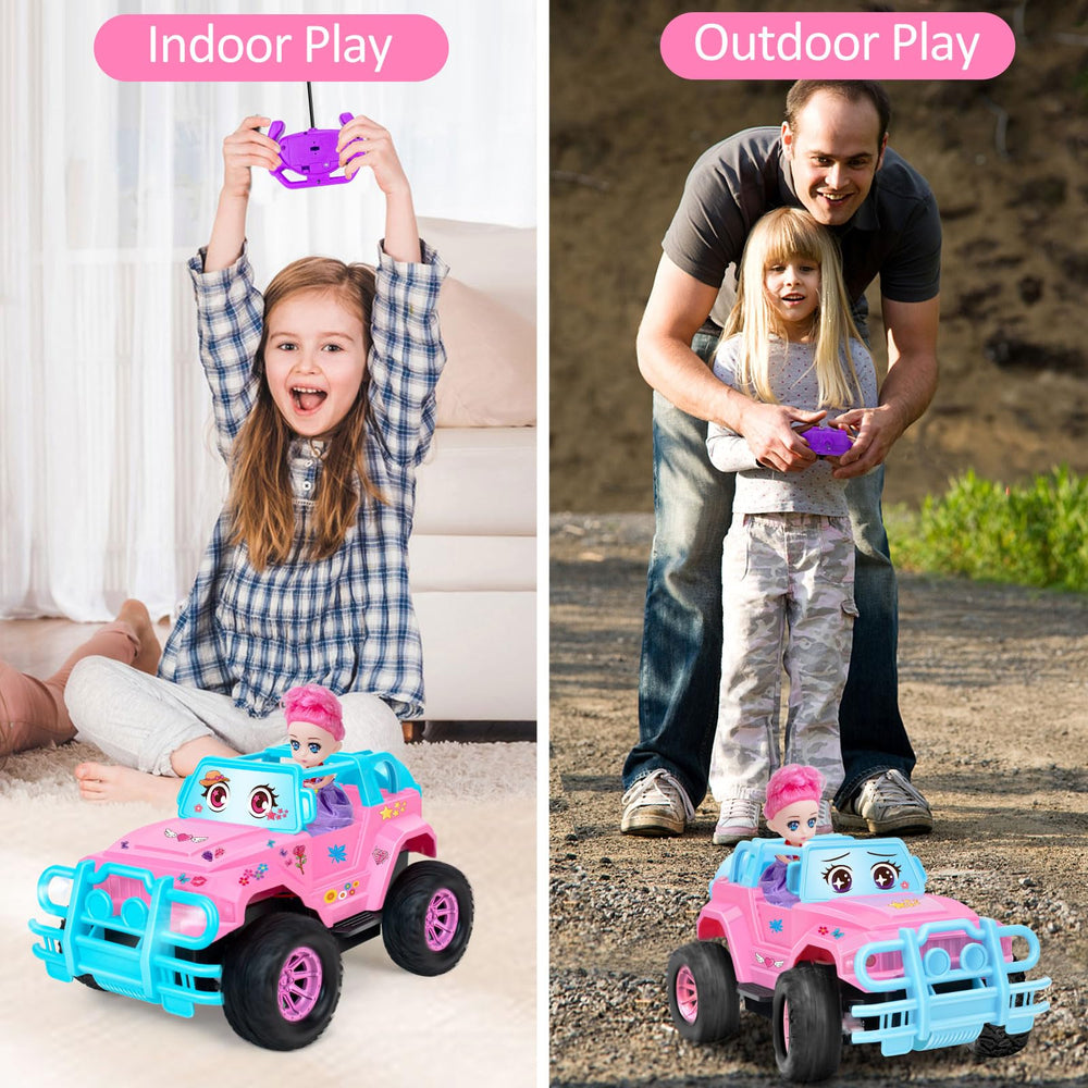 Ynanimery pink RC car with included pink doll enhances pretend play.