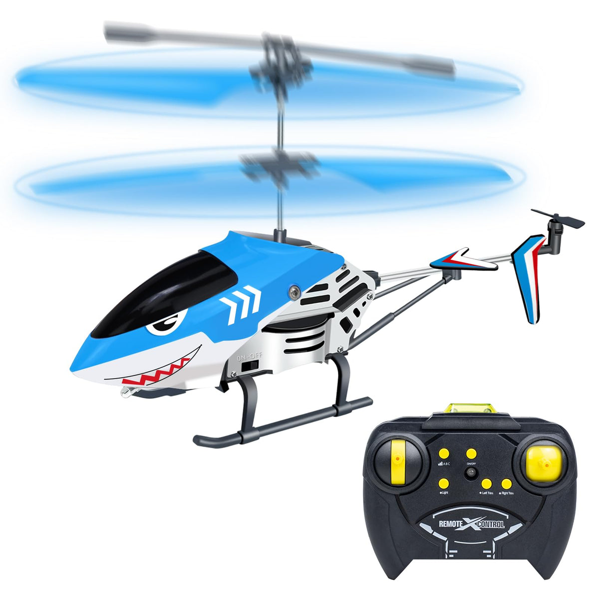 Ynanimery RC helicopter front view with blue shark design for indoor play