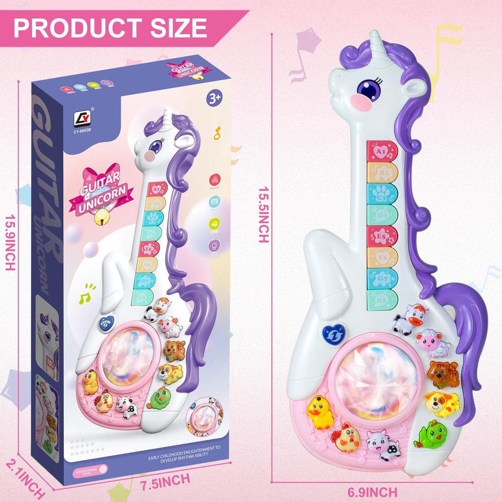 Ynanimery Unicorn Guitar battery compartment supports 3 AA batteries for interactive play.