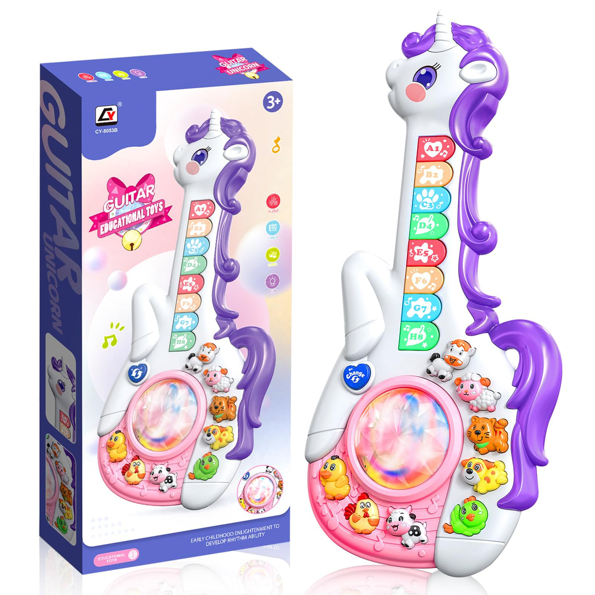 Ynanimery Unicorn Guitar mode switch enables interactive learning and play.