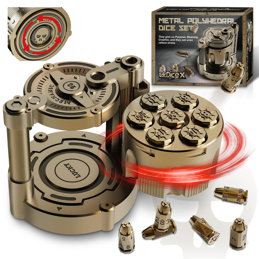 YNWML metal dice set with revolver cylinder case for display and gaming.