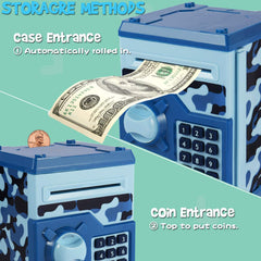 Yoego Money Bank blue camo coin storage showing high capacity.