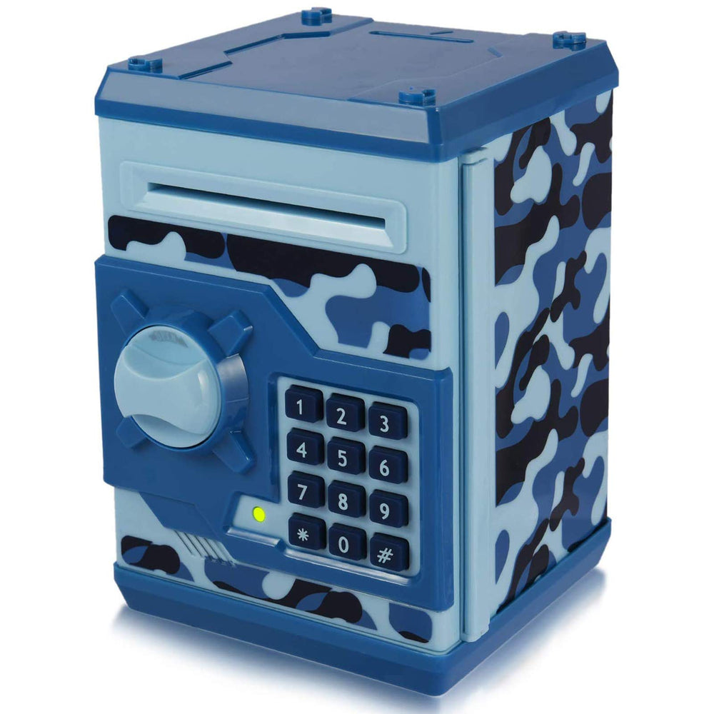 Yoego Kids Money Bank blue camouflage front view, durable and kid-friendly.