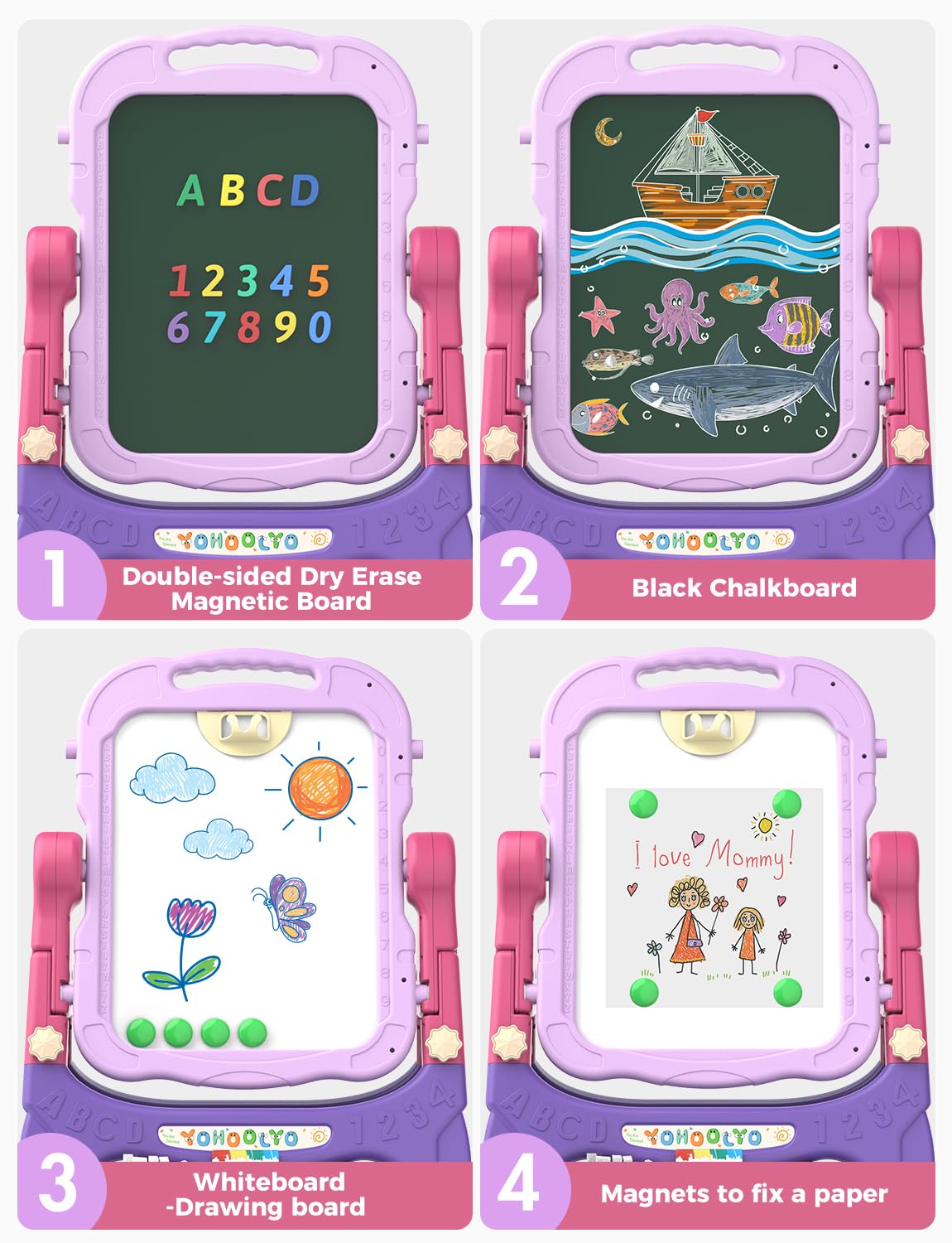 YOHOOLYO Easel double-sided magnetic board supports magnets and drawings.