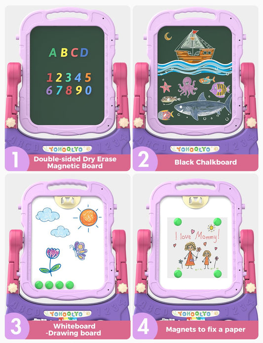 YOHOOLYO Easel double-sided magnetic board supports magnets and drawings.