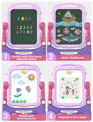 YOHOOLYO Easel double-sided magnetic board supports magnets and drawings.