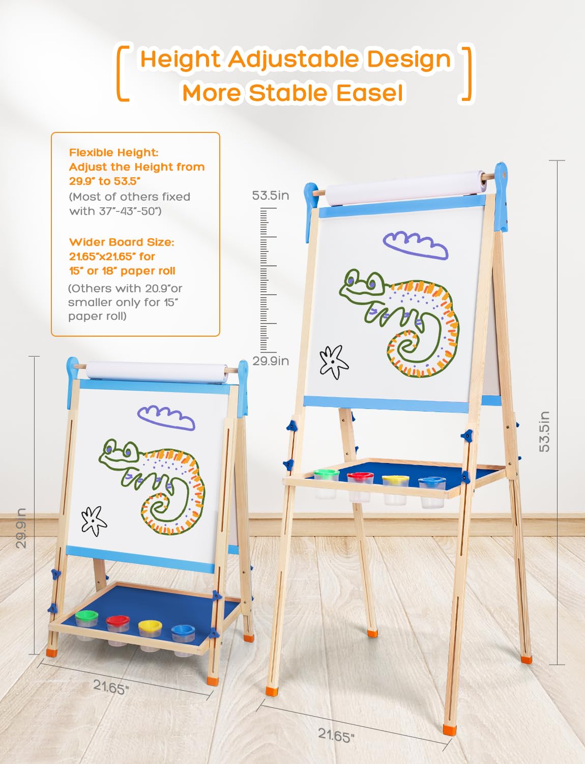 Adjustable height easel grows with your child from 29.9 to 53.5 inches.