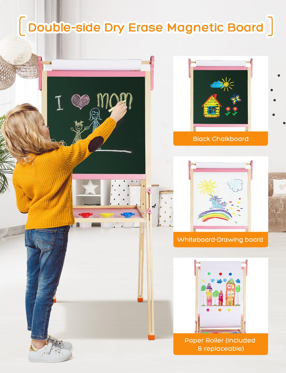 YOHOOLYO dry-erase board on one side for quick, clean artwork.