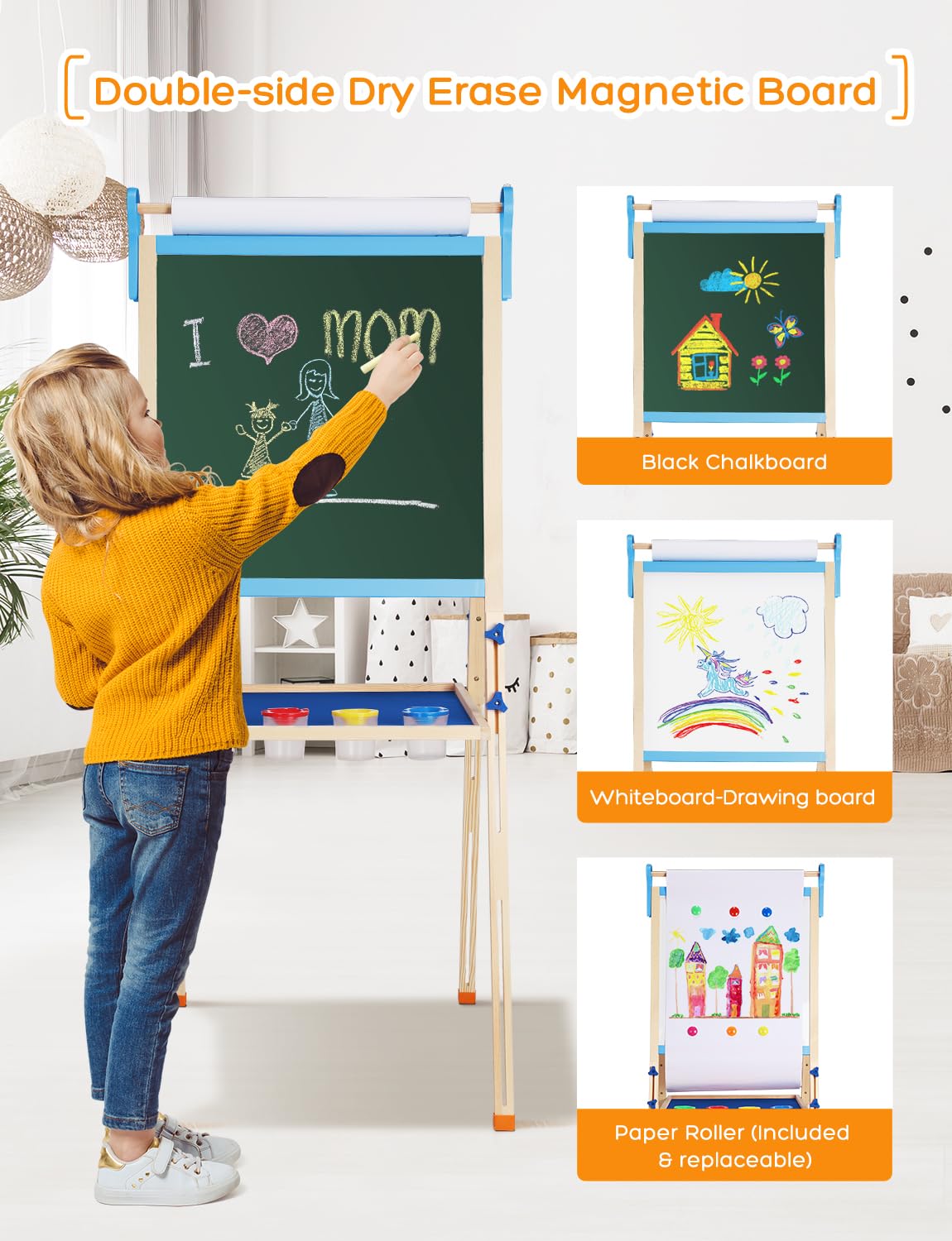 Two kids can draw side-by-side on a shared easel.