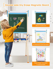 Two kids can draw side-by-side on a shared easel.