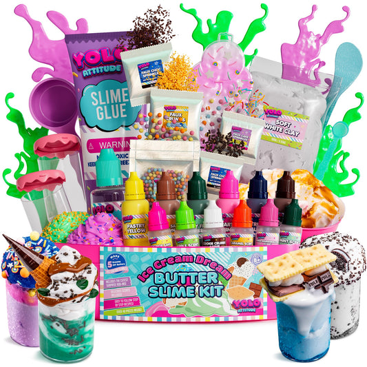 YOLO Attitude Ice Cream Slime Kit contents showing clay, containers, and tools for creative play