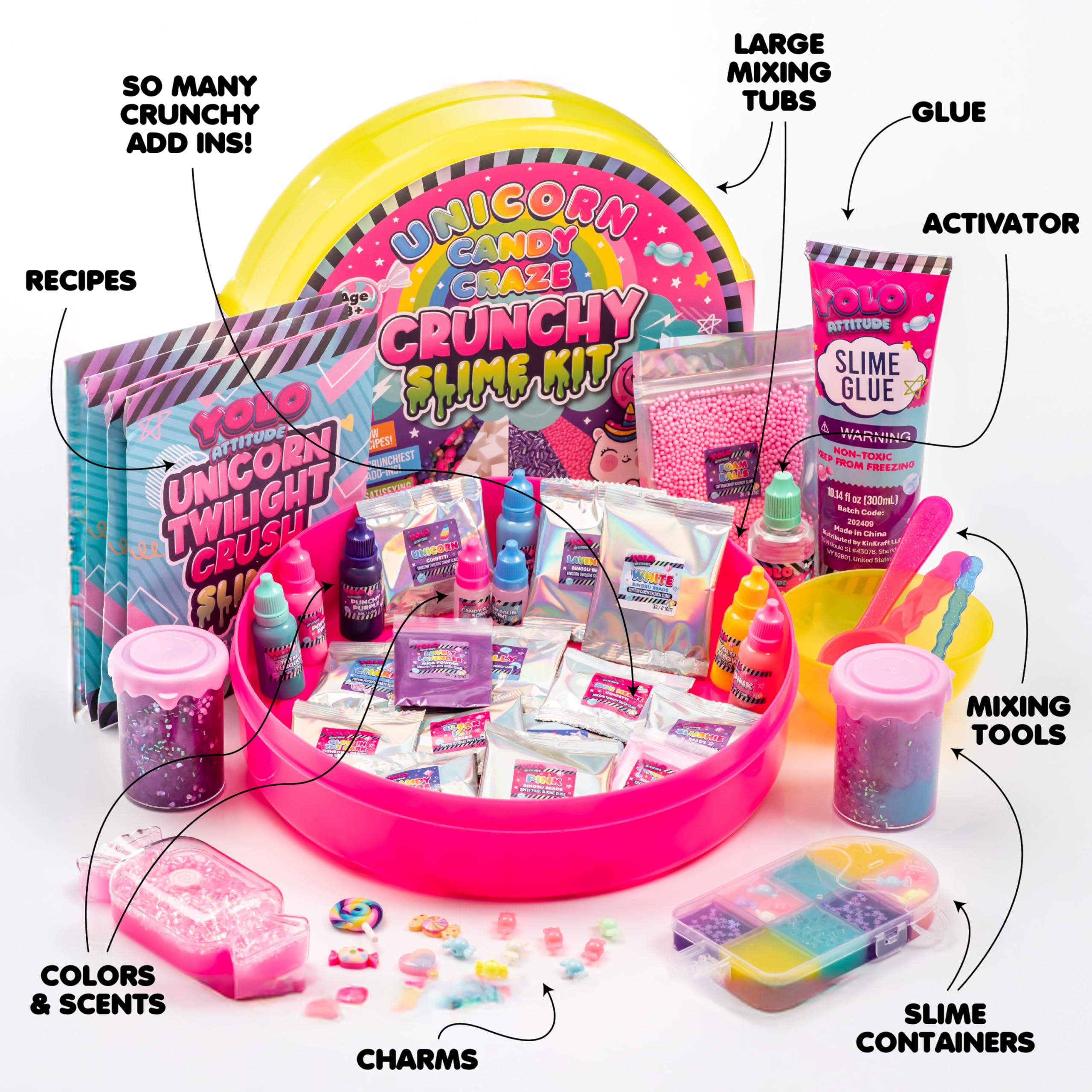 YOLO Unicorn Candy Craze slime kit add-ins close-up, featuring glitter, beads, and unicorn accessories.